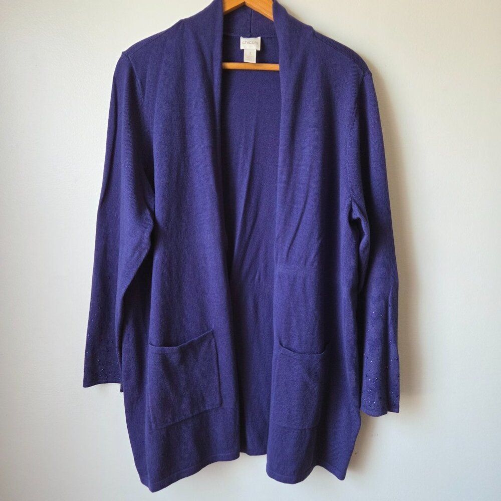 EUC CHICO'S PUPLE/BLUE JEWELED OPEN COTTON BLEND CARDIGAN SIZE 3 / WMNS XL